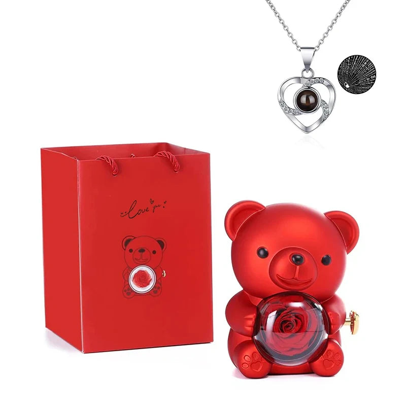 Preserved Rose Mini Teddy Bear Box Romantic Anniversary Present Eternal Rose Gift Box Wedding Birthday Gift for Girlfriend Mom